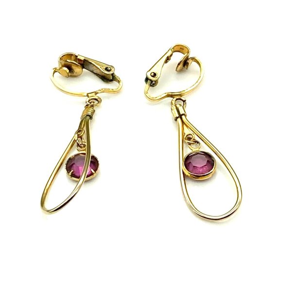 Vintage Teardrop Dangle Earrings with Purple Bezel Set Crystal Drop in Gold Tone - Picture 2 of 5
